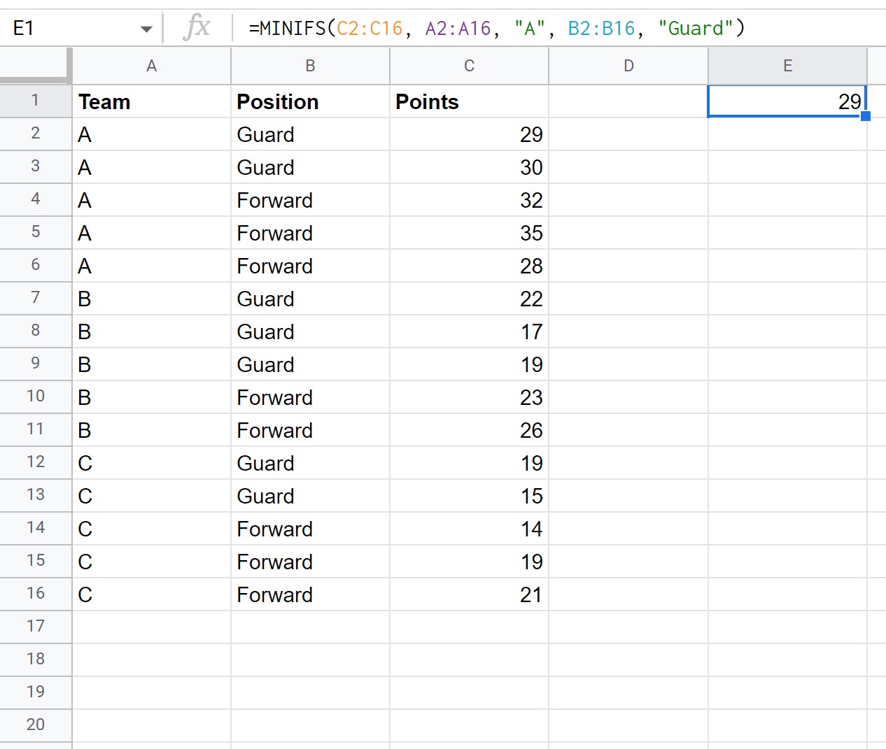 minif3 Google Sheets MINIFS with multiple criteria