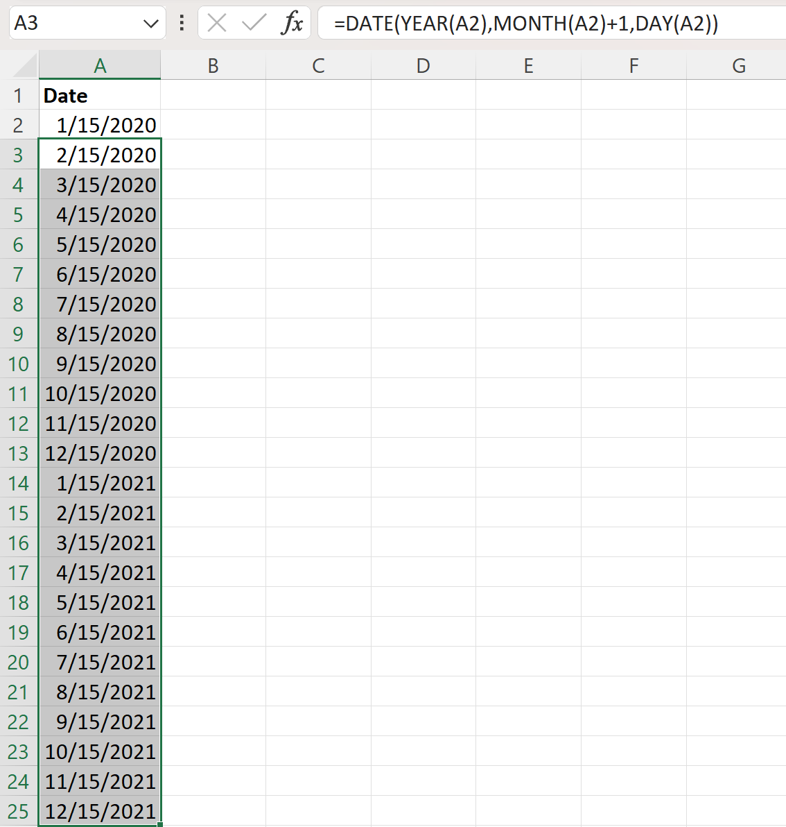 monthly3 Excel create series of monthly dates
