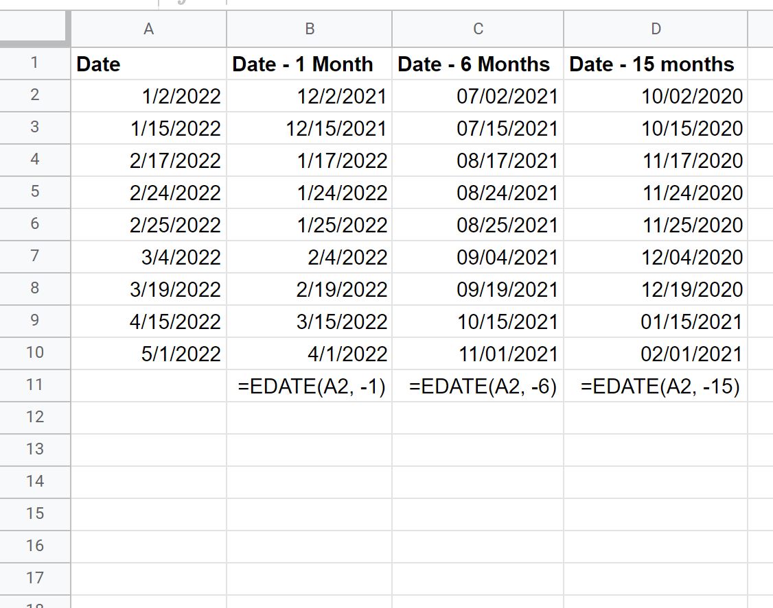 months3-1 subtract months from date in Google Sheets