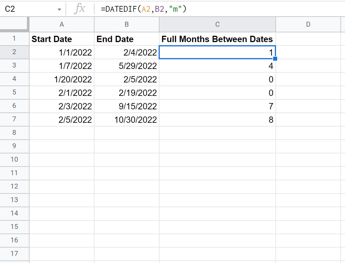 monthsbetween1-1 calculate months between two dates in Google Sheets