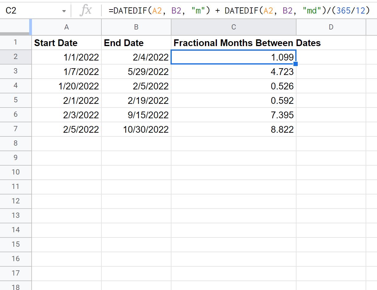 monthsbetween2-1 calculate fractional months between dates in Google Sheets