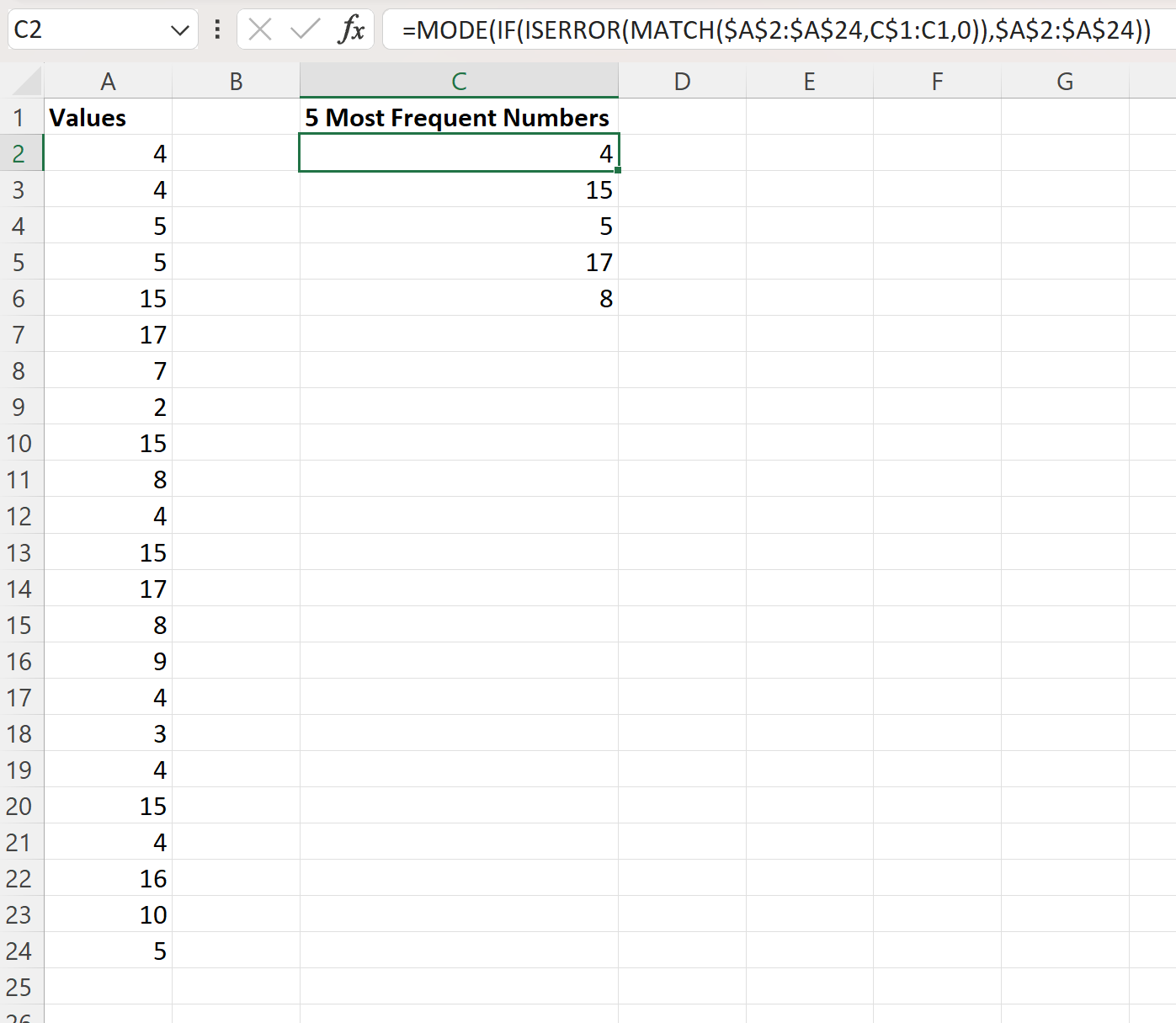 Excel find 5 most frequent numbers