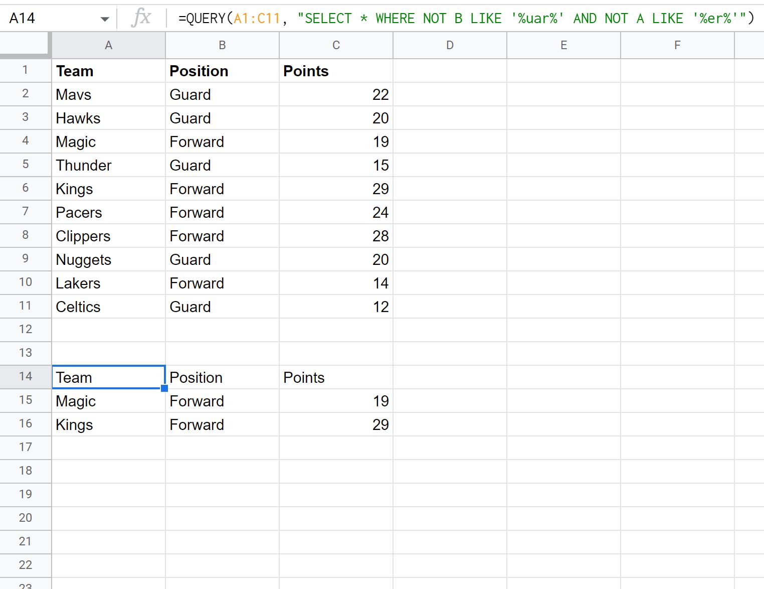 Google Sheets Query Use NOT LIKE In Query