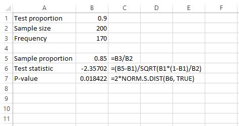 onesamp2 One sample proportion z test in Excel