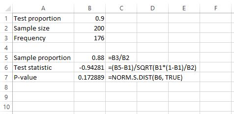 onesamp3 One-tailed one sample proportion Z test in Excel