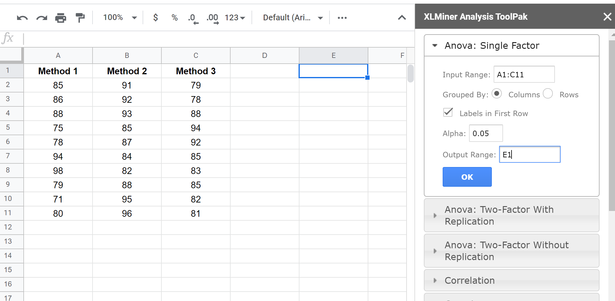 onewayanovasheets4 One-way ANOVA in Google Sheets