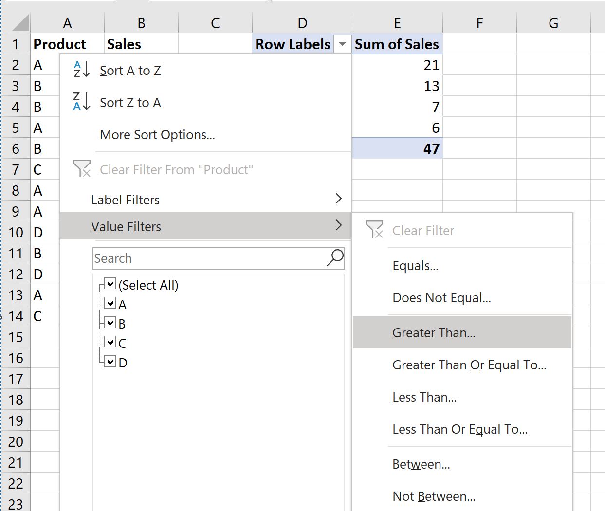 pivotgreater3 Excel pivot table greater than filter