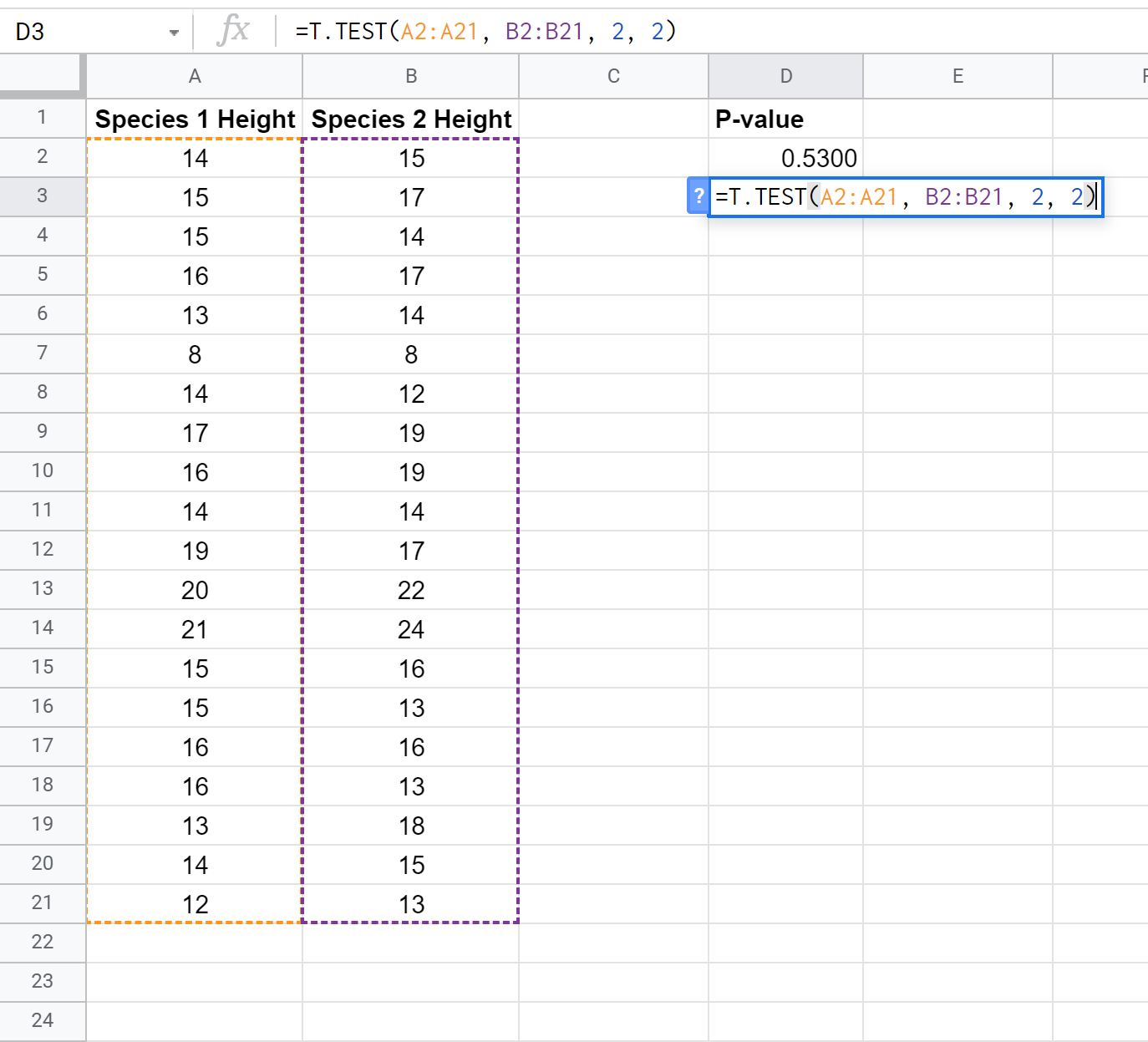 pvaluesheets3 P-value Google Sheets t-test