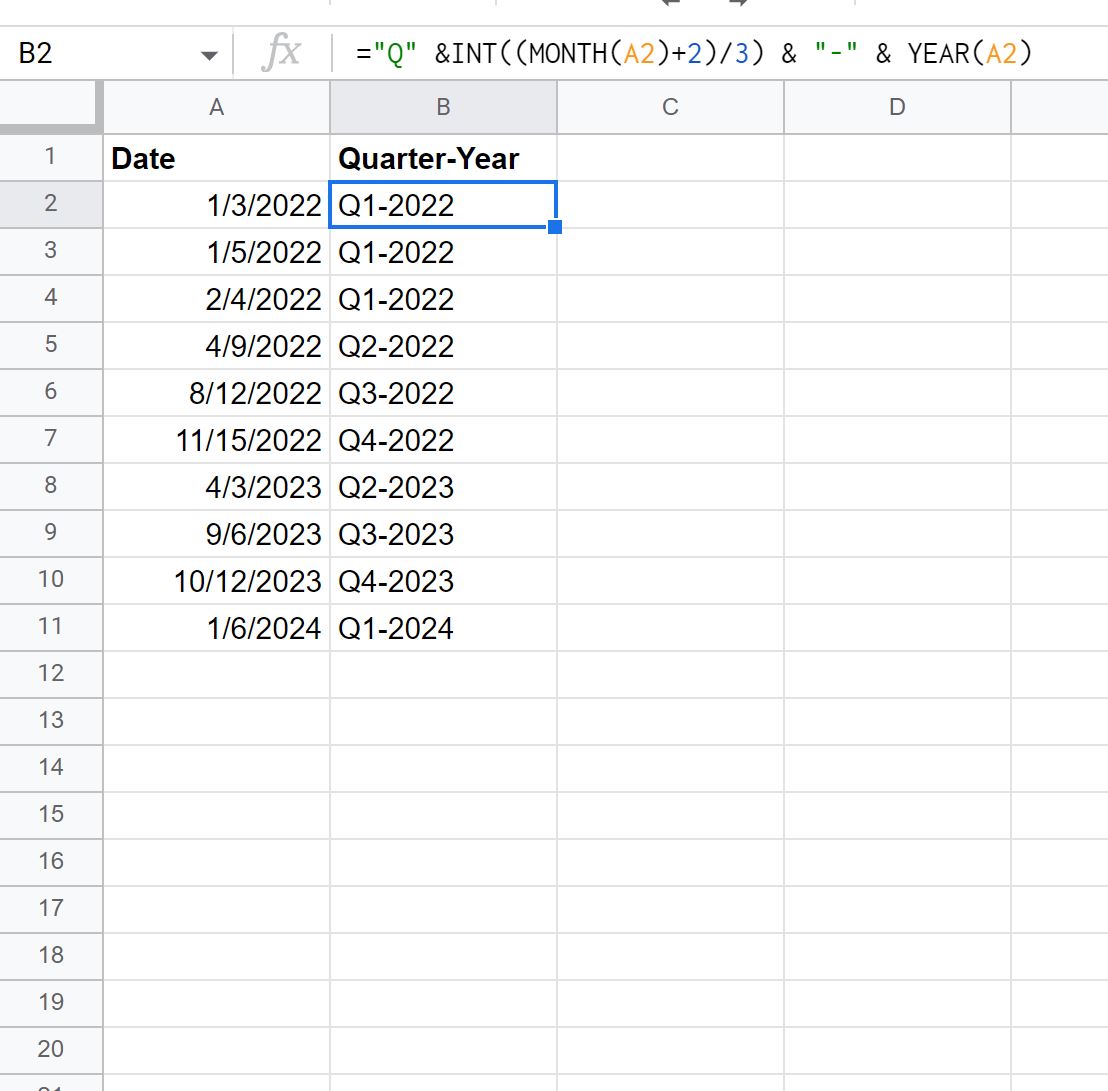 quarter2 Google Sheets convert date to quarter and year