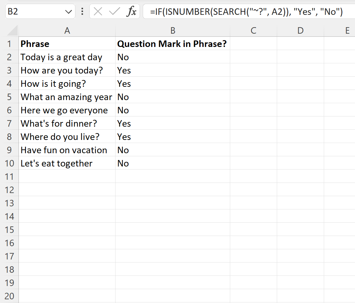 quest2 Excel search for question mark in cell