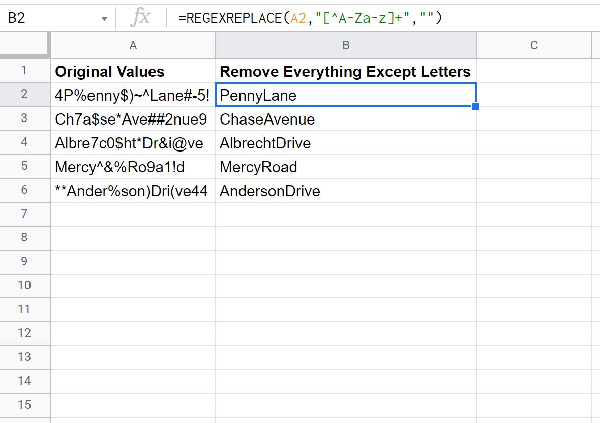 reg1 remove special characters in Google Sheets