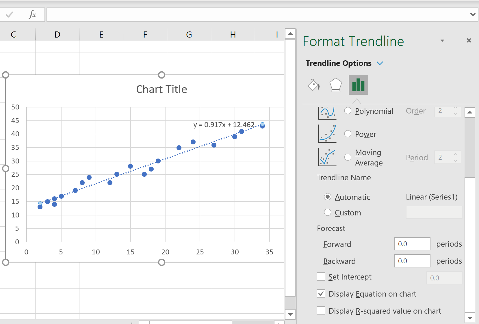 Regression line equation on a scatterplot in Excel
