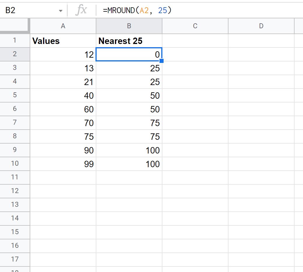 round25_1 Google Sheets round to nearest 25