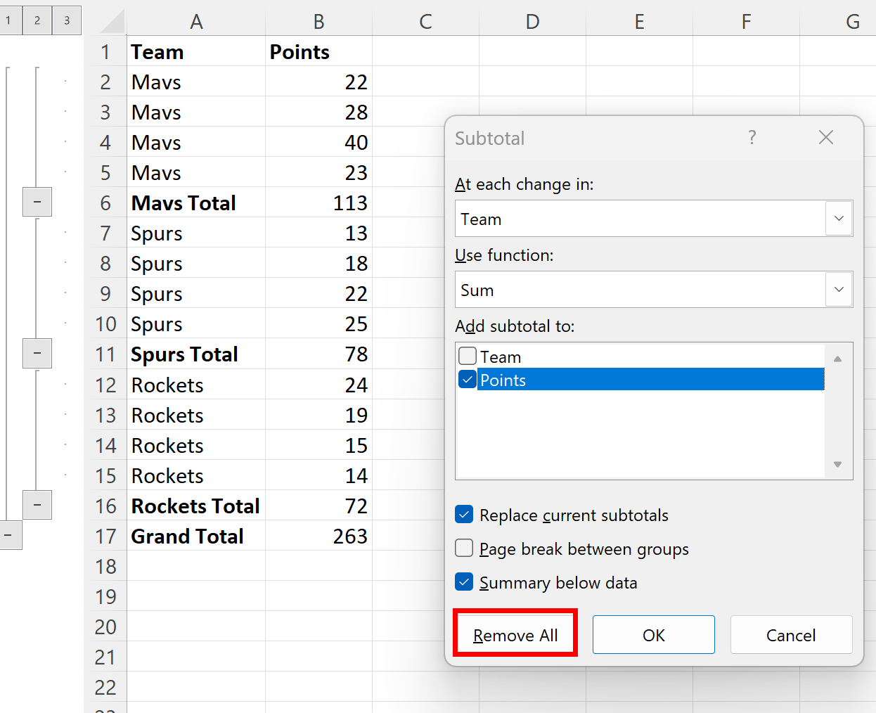 Excel remove subtotals