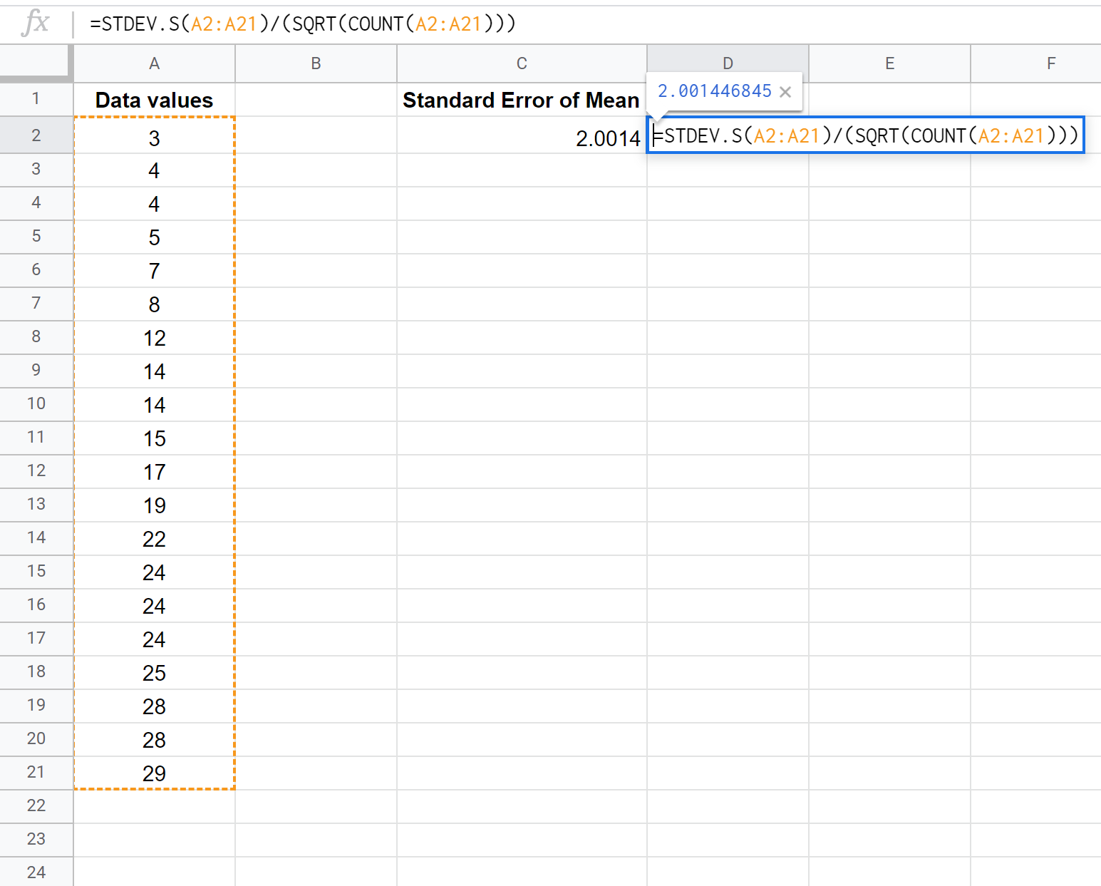 semgooglesheets2 Standard error of the mean in Google Sheets