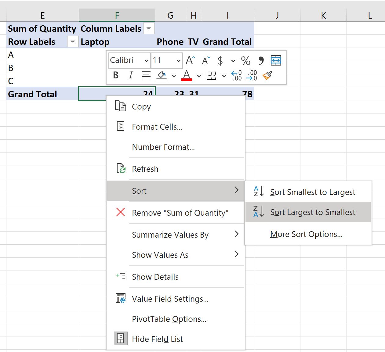 sortpivot5 Excel sort pivot table by grand total