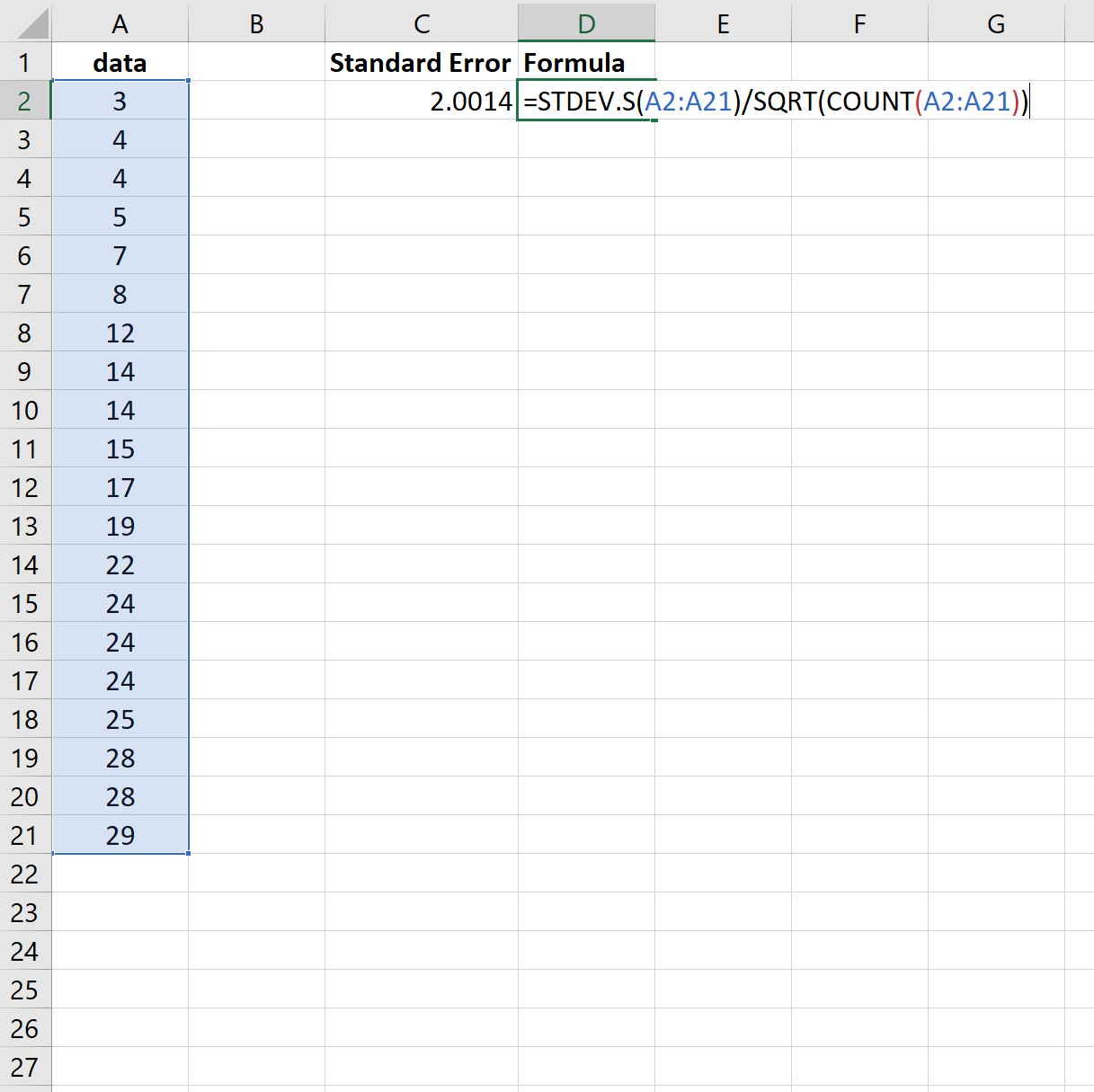 standard_error_excel3 Standard error of the mean in Excel using the sample standard deviation