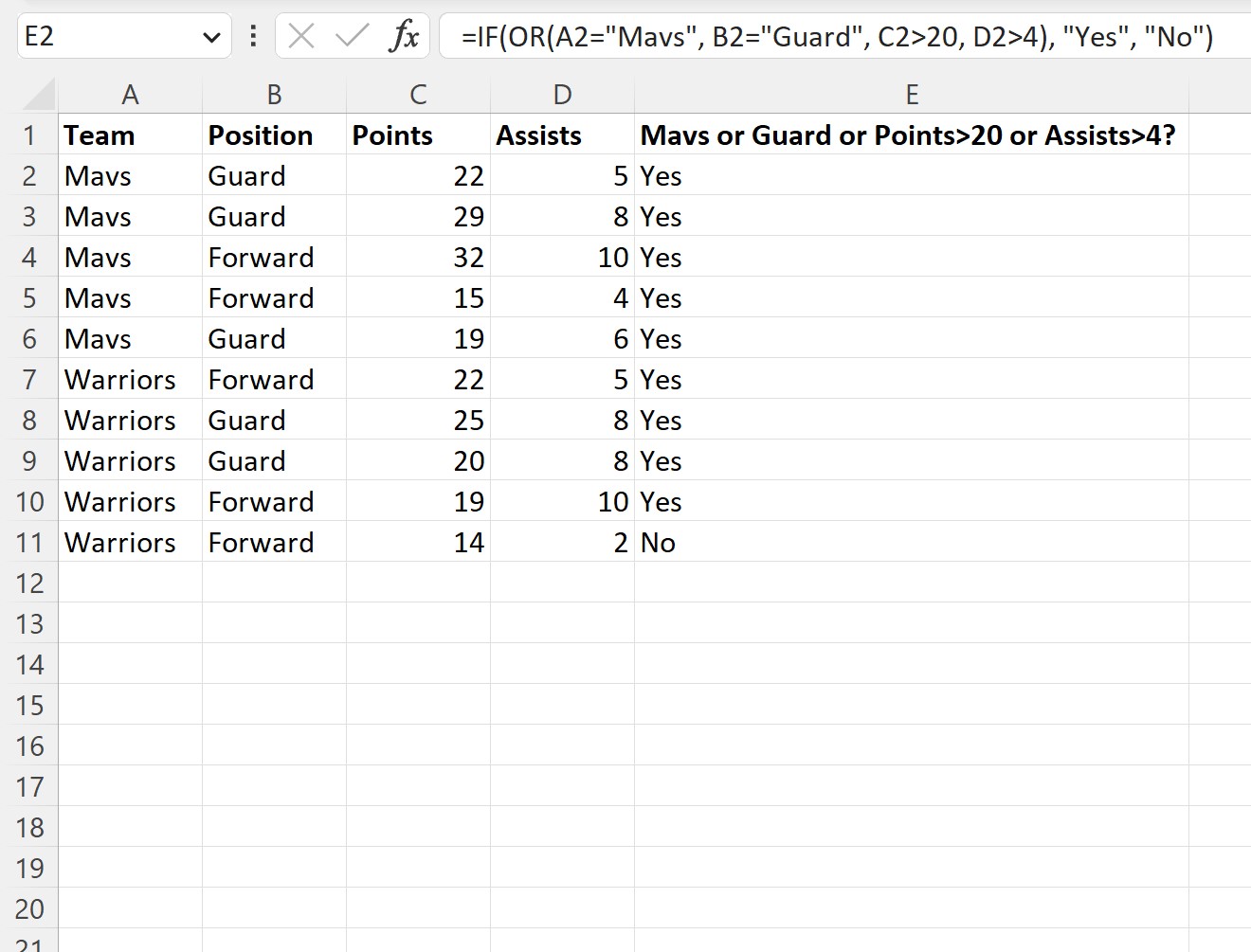 Excel IF function with 4 conditions using OR logic