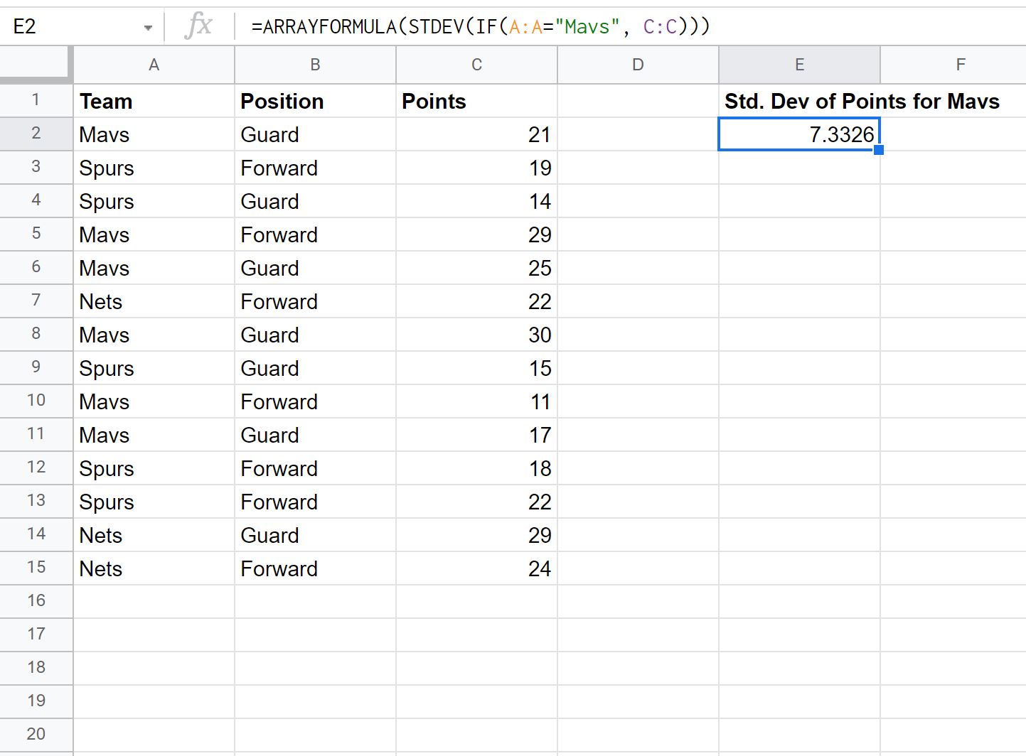stdevif3 standard deviation if calculation in Google Sheets