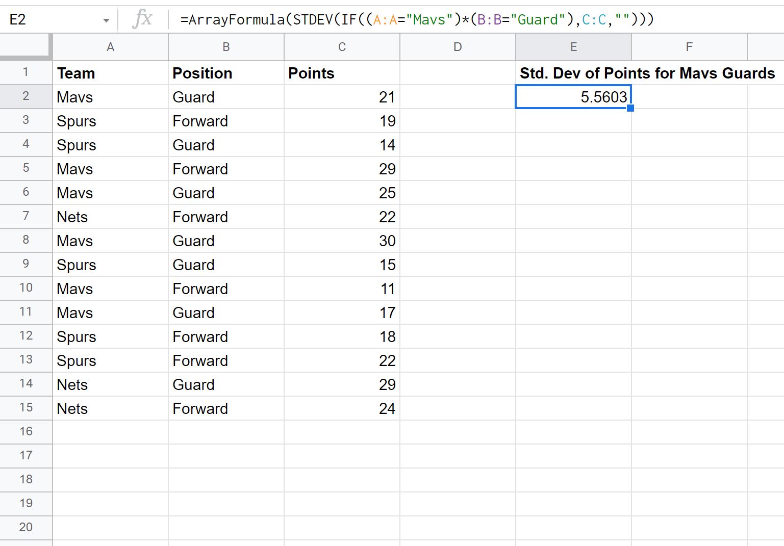 stdevif4 standard deviation if calculation in Google Sheets