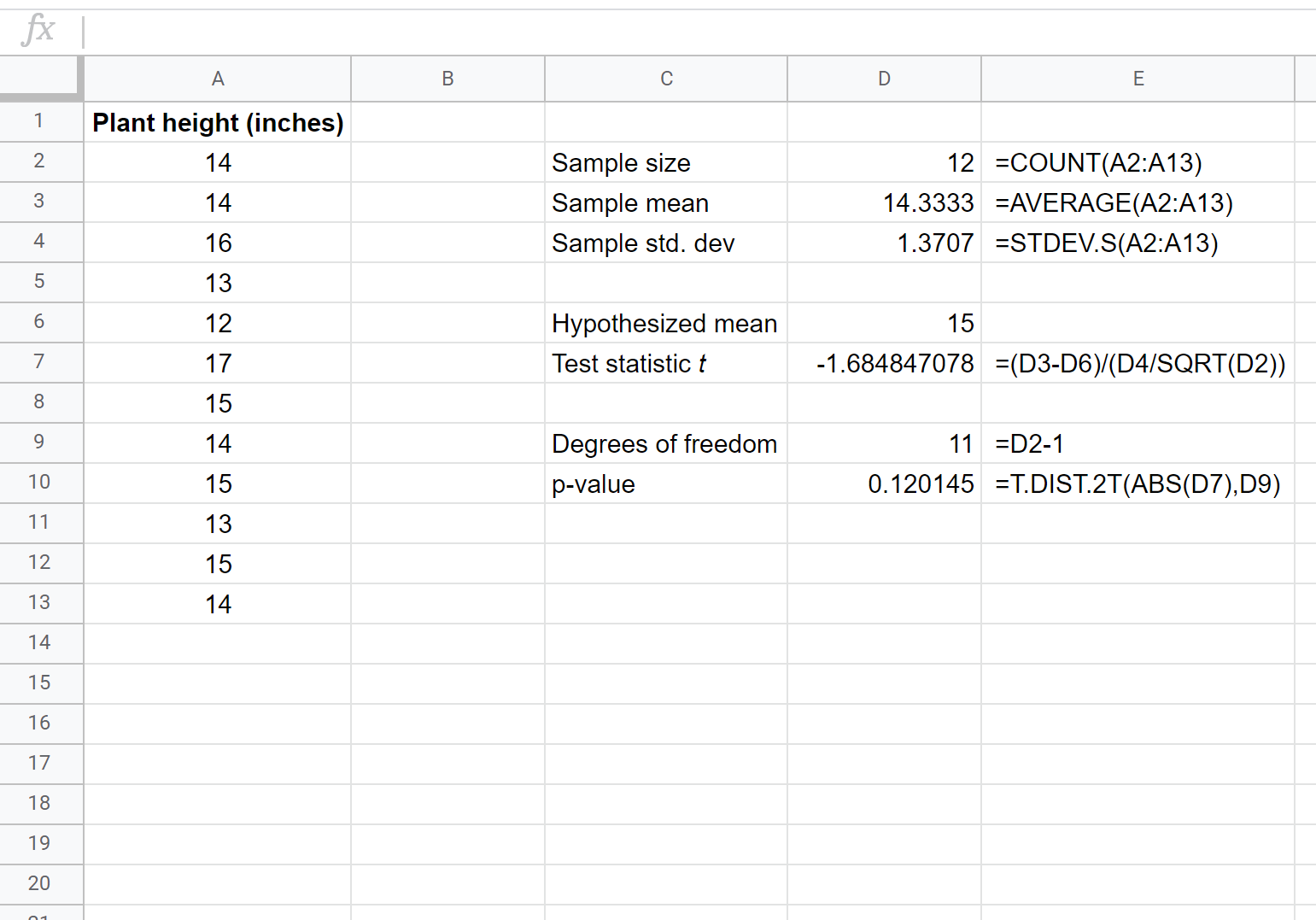t_test_sheets1 One sample t-test in Google Sheets