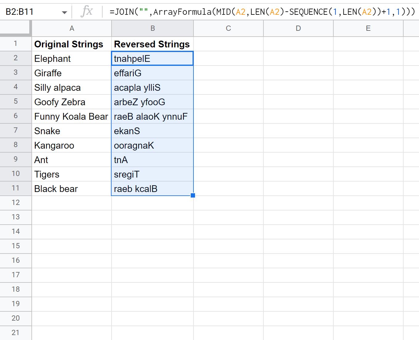 text3 Google Sheets reverse string