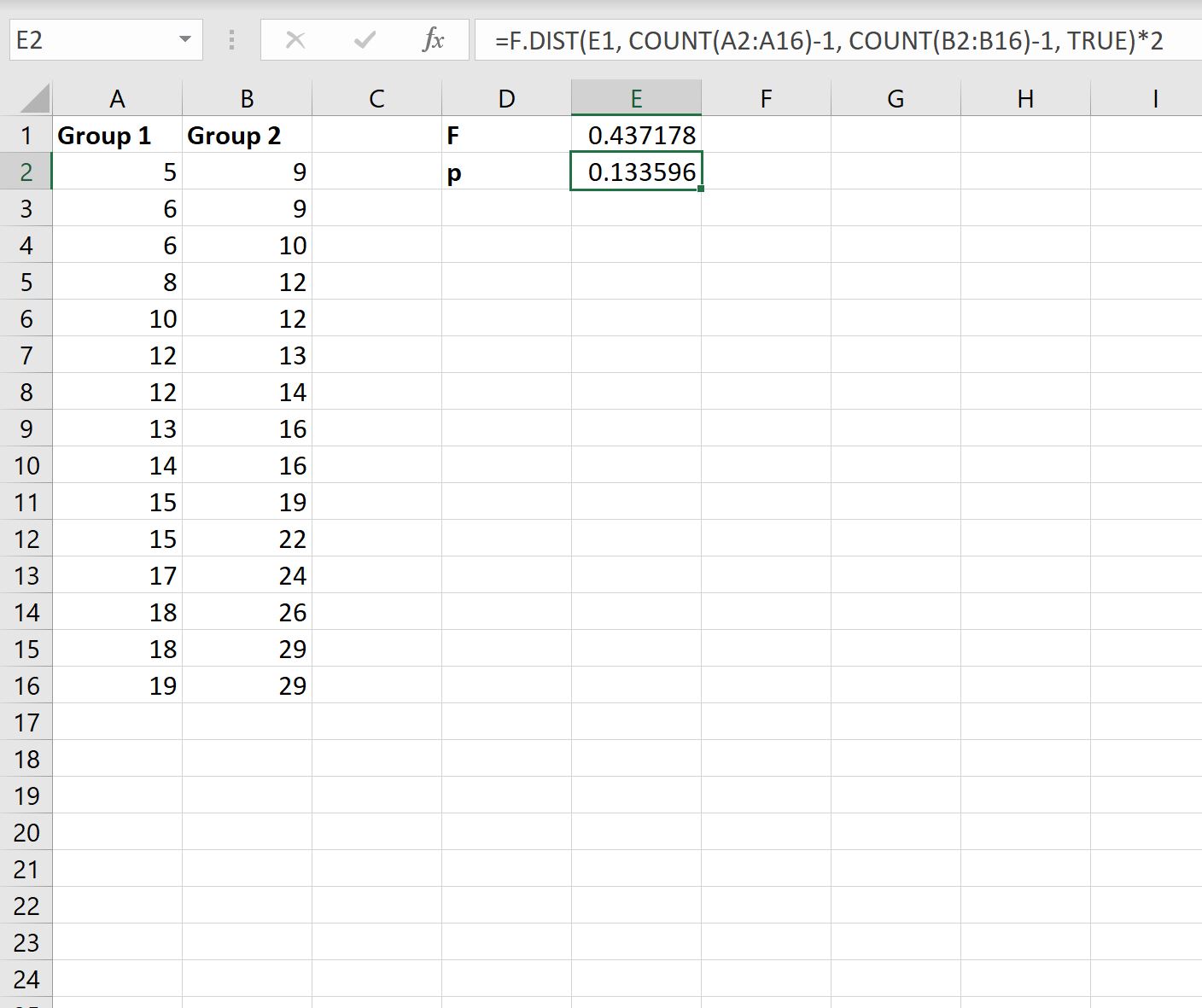 vartest3 variance ratio test in Excel