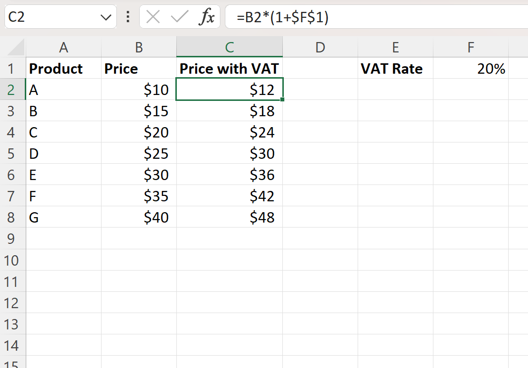 Excel add VAT to price