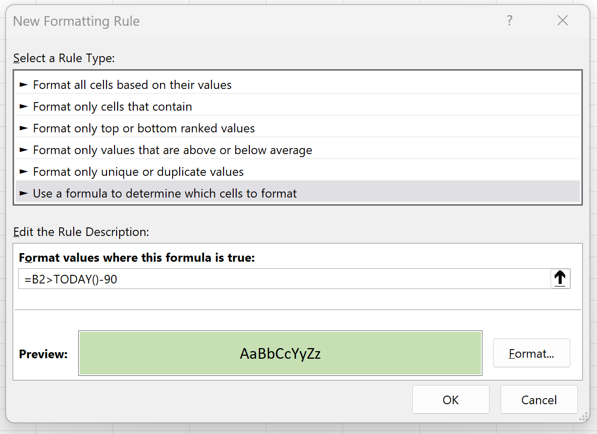 within2 Excel conditional formatting for dates within 90 days