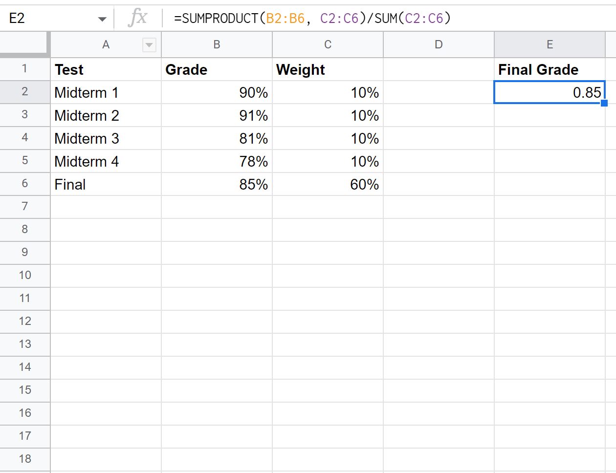 weighted percentage in Google Sheets