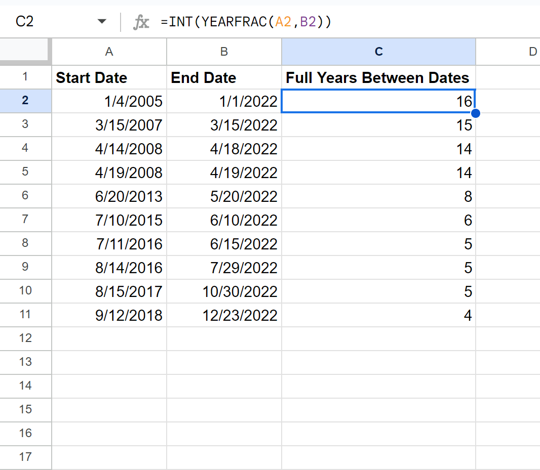 yearb2 Google Sheets calculate years between dates