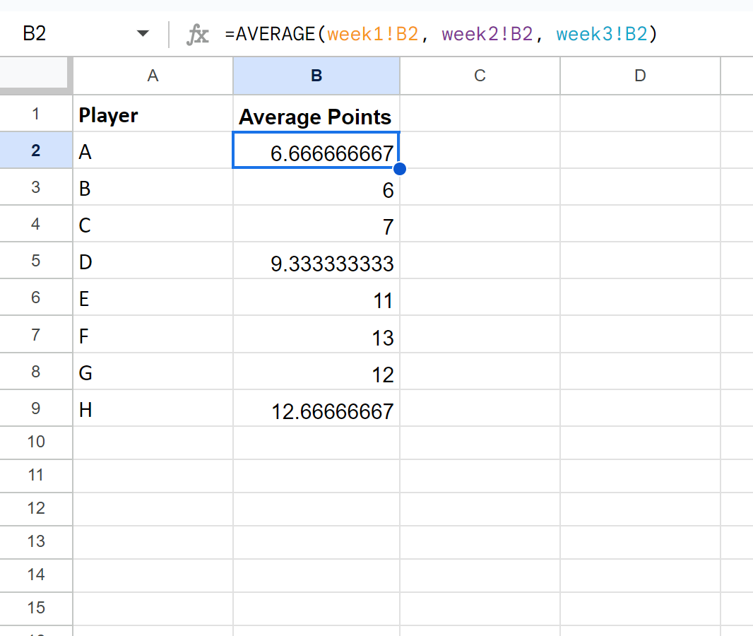 aa3 Google Sheets calculate average across multiple sheets