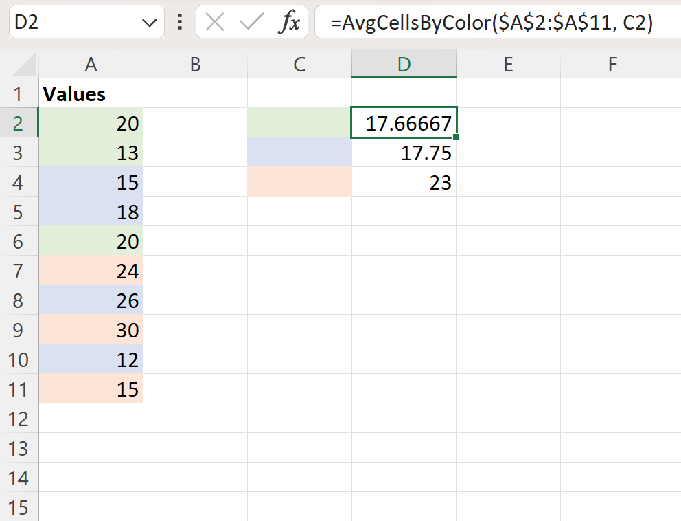 acolor2 Excel average by color