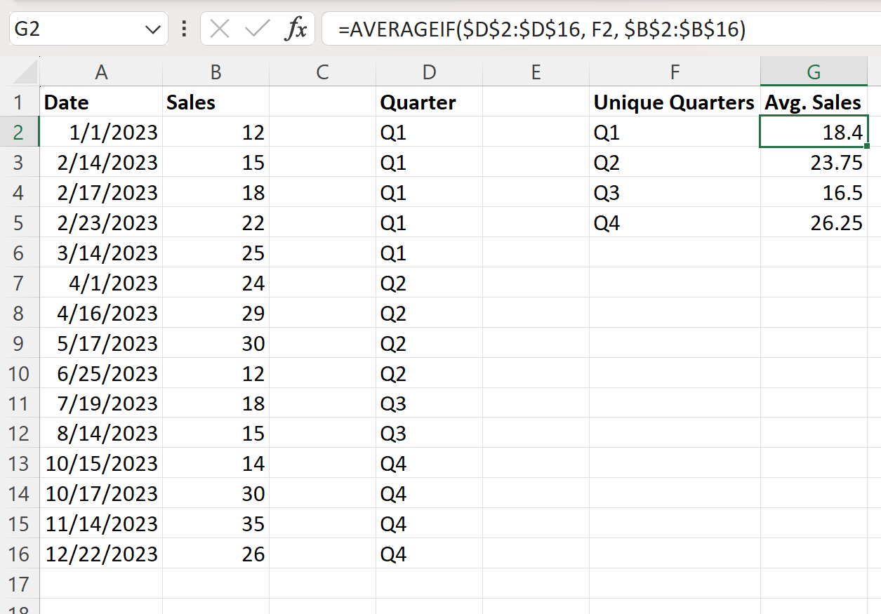 aquarter4 Excel average by quarter