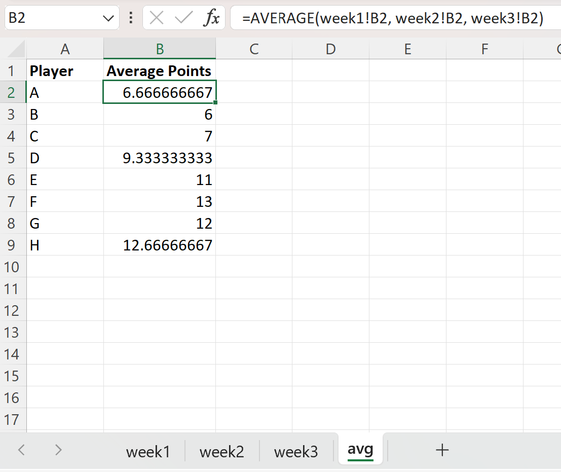 avga2 Excel calculate average across sheets