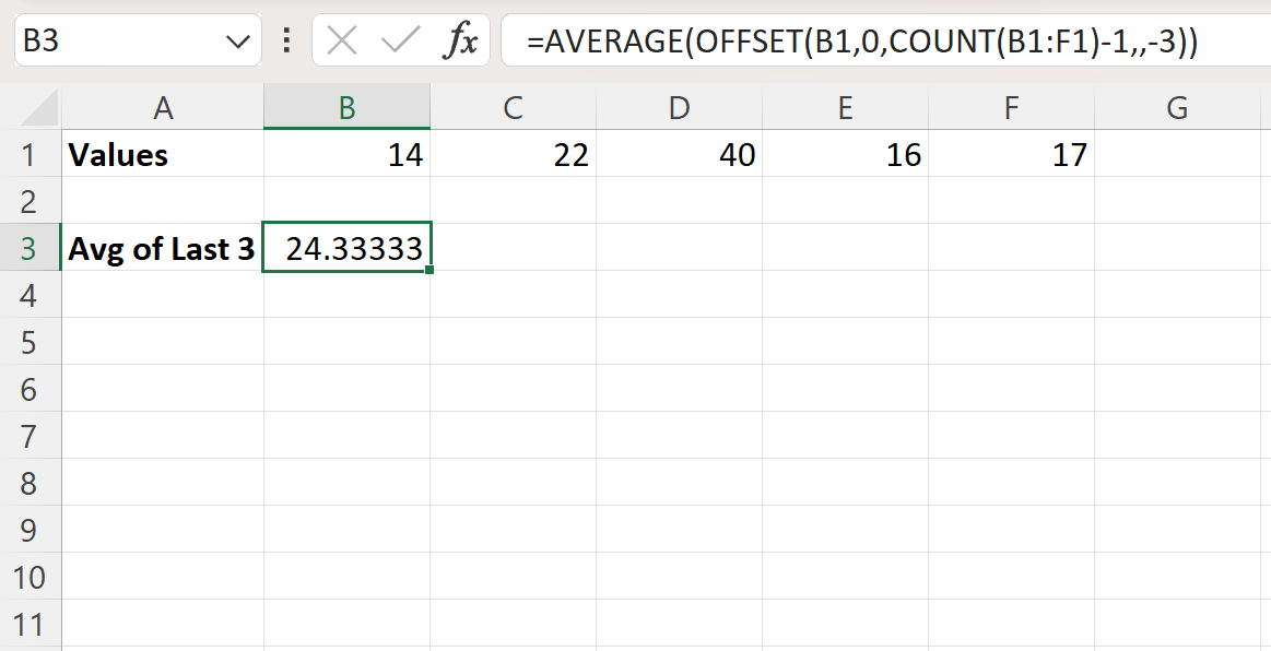 avglast3 Excel average of last n values in row