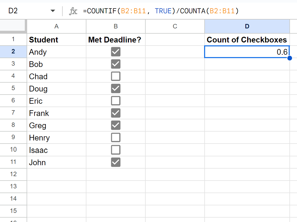 countcheck3 Google Sheets count percentage of checkboxes that are checked