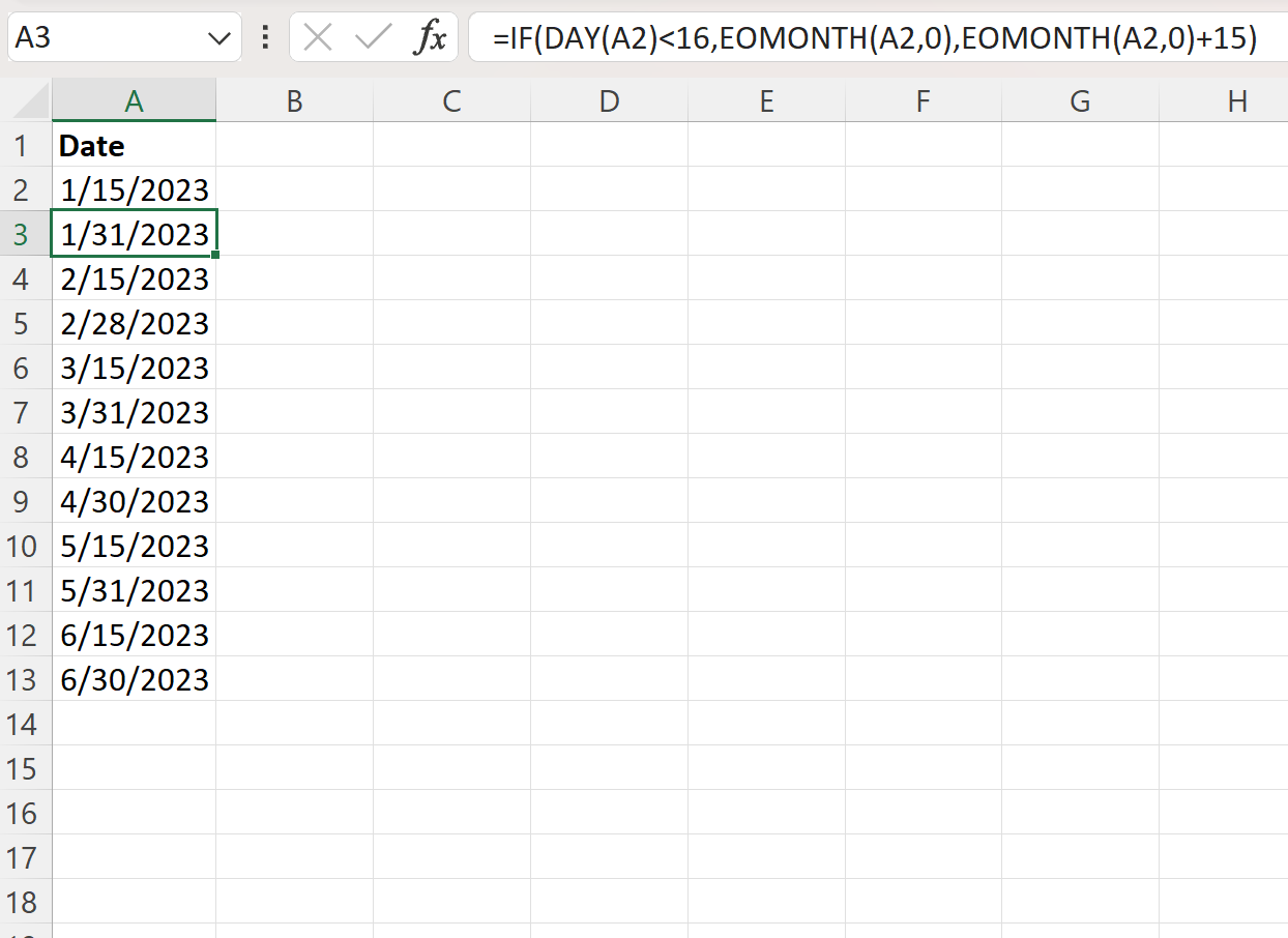 Excel formula for 15th and last day of each month