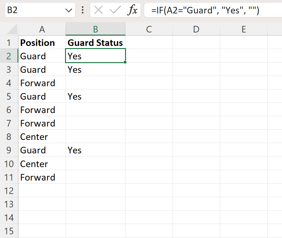Excel autofill cell based on value in another cell