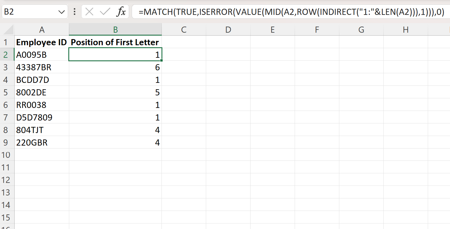 fl2 Excel find position of first letter in string