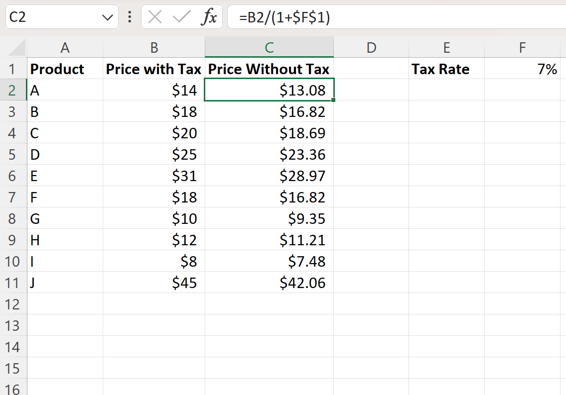 revtax2 Excel reverse tax rate calculation