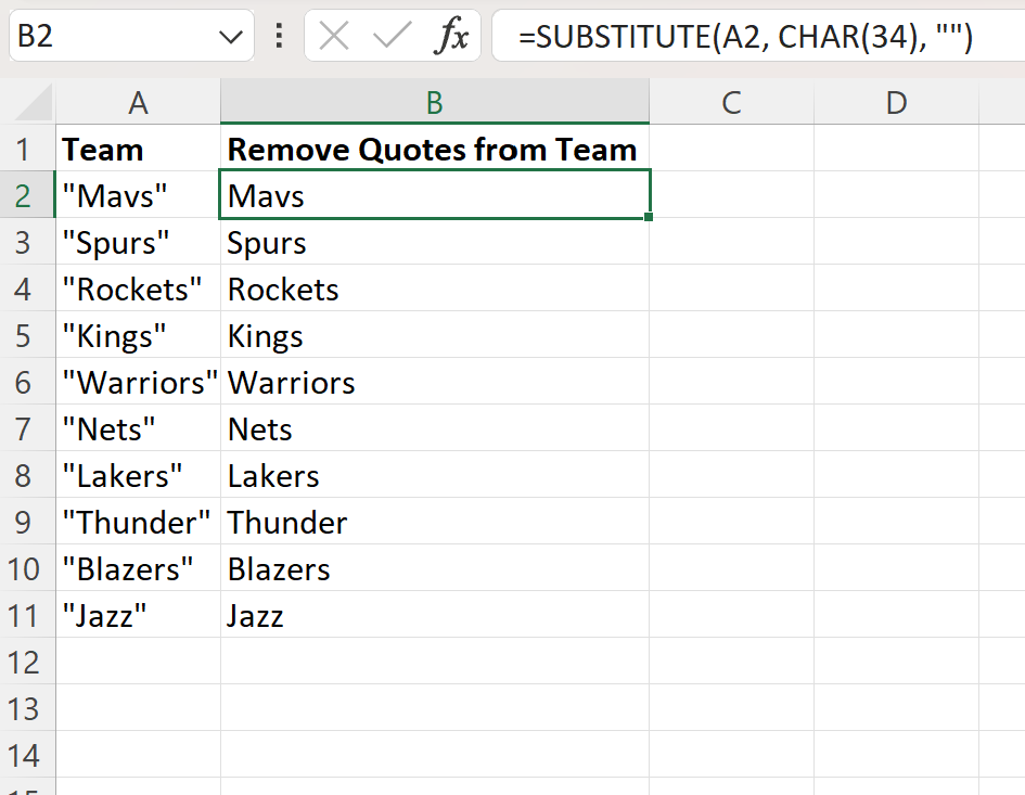 rq4 Excel remove quotes from cell using SUBSTITUTE function
