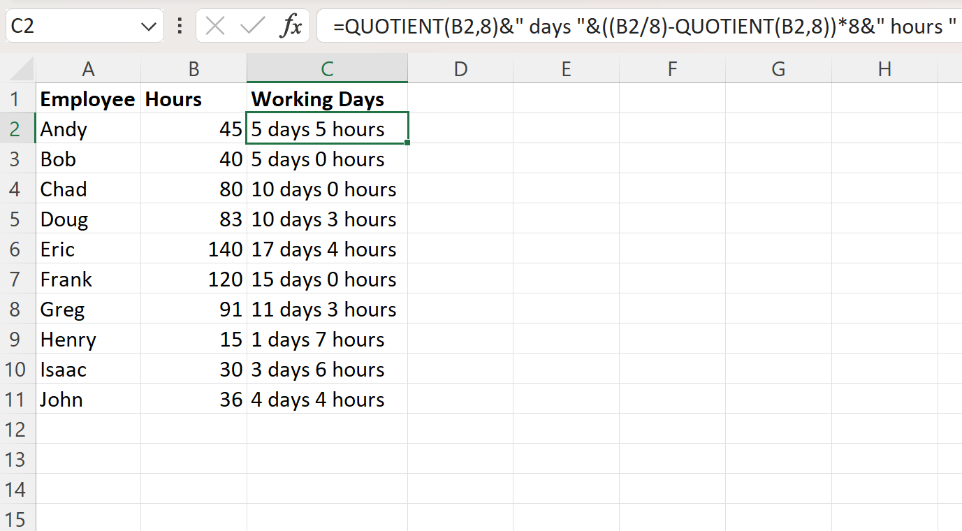 wd3 Excel convert hours to working days