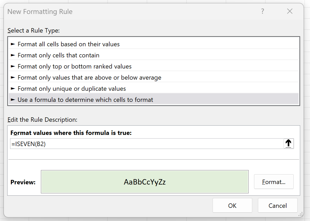 Excel conditional formatting based on even and odd numbers