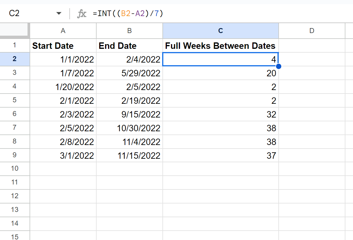 wbetween2-1 Google Sheets calculate weeks between two dates