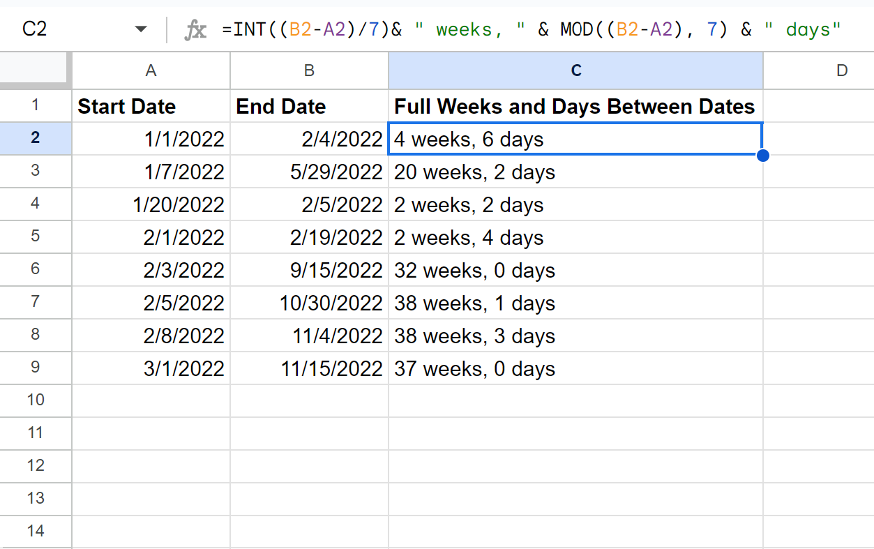 wbetween3-1 Google Sheets calculate weeks and days between two dates