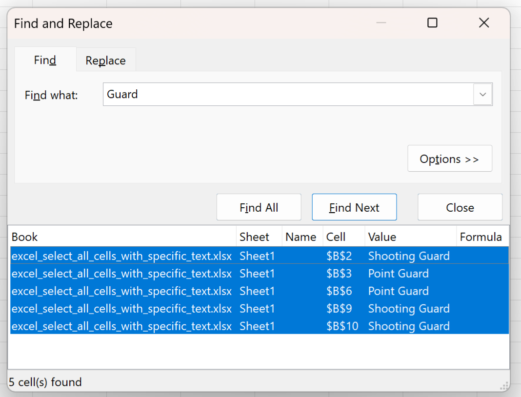 ct4 Excel select all cells with specific text