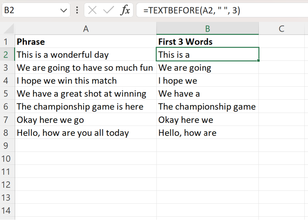 fi2 Excel extract first 3 words