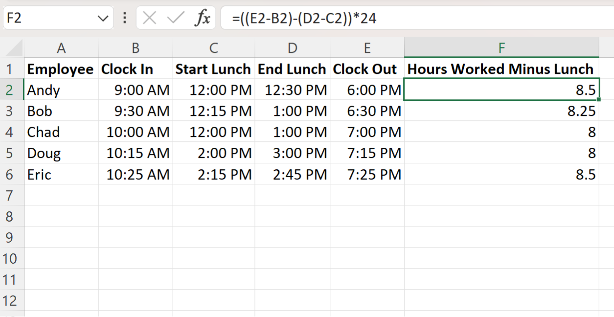 lunch2 Excel calculate hours worked minus lunch