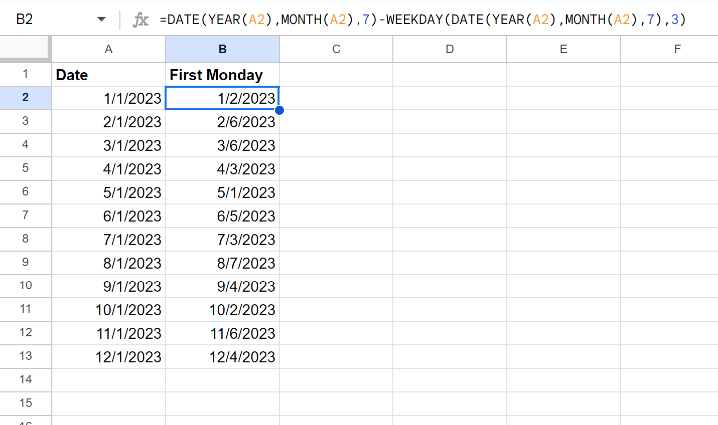 monday2 Google Sheets find first Monday of the month